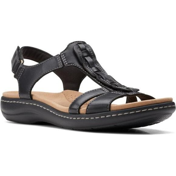Clarks Black Leather Flat Sandals Women Adjustable Strap Comfort Summer Shoe - Picture 3 of 8